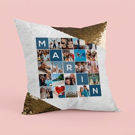 Coussin personnalisé avec 20 photos et un prénom de 5 lettres - Paillettes dorées