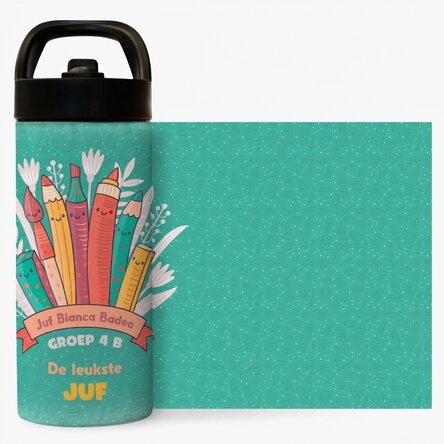 Thermosfles met handvat en rietje, gepersonaliseerd met naam - De beste juf