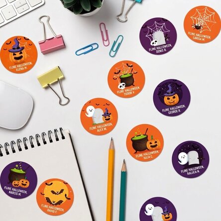Set van 12 ronde, gepersonaliseerde stickers (zelfklevende etiketten) met tekst - Halloween