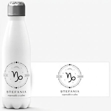 Thermos à base blanche personnalisé avec un texte et le signe du Capricorne
