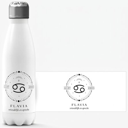 Gepersonaliseerde thermosfles met witte bodem, voorzien van tekst en het sterrenbeeld Kreeft