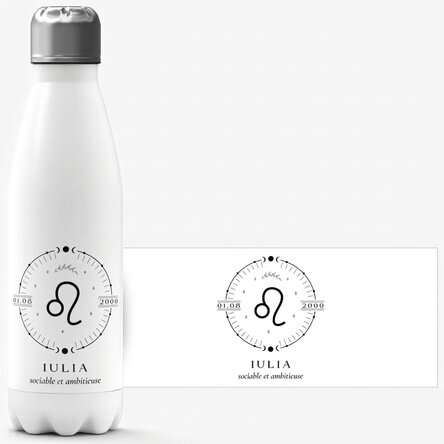 Thermos à base blanche personnalisé avec un texte et le signe du Lion