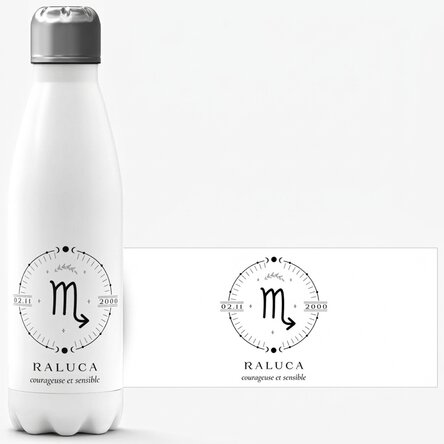 Thermos à base blanche personnalisé avec un texte et le signe du Scorpion