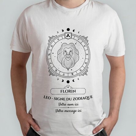 T-shirt en coton personnalisé avec un prénom et un signe du zodiaque - Lion