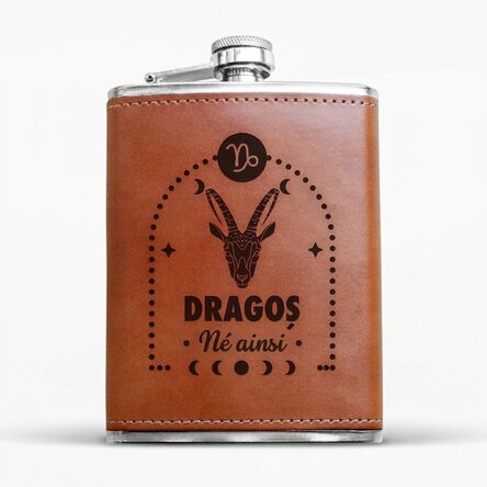 Flacon de poche recouvert de cuir, personnalisé avec un texte et un signe du zodiaque : Capricorne