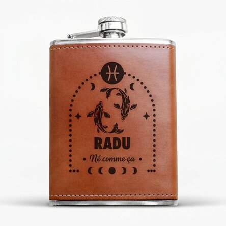 Flacon de poche recouvert de cuir, personnalisé avec un texte et un signe du zodiaque - Poissons