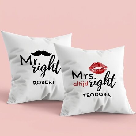 Set van 2 kussens met gepersonaliseerde tekst - Mr & Mrs Right