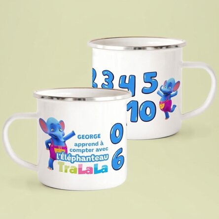 Tasse émaillée personnalisée avec un prénom - On apprend à compter avec l'éléphant TraLaLa