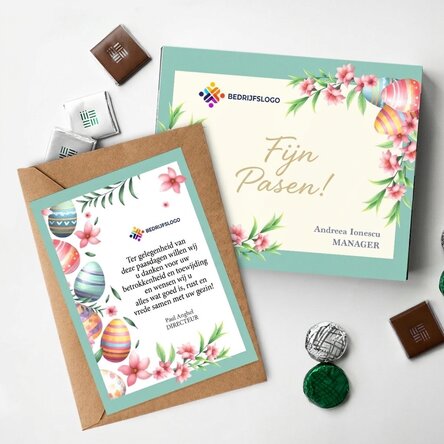 Gepersonaliseerde set met logo – doosje snoepjes en kaartje – Fijne Pasen!