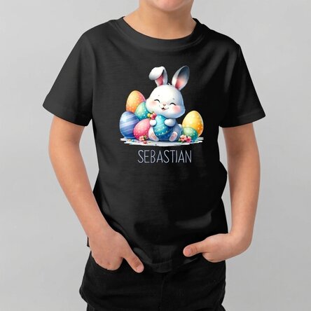 Katoenen T-shirt voor kinderen, gepersonaliseerd met naam - Konijntje met paaseieren
