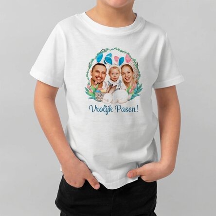 Katoenen T-shirt voor kinderen, gepersonaliseerd met een foto en een boodschap - Vrolijk Pasen!