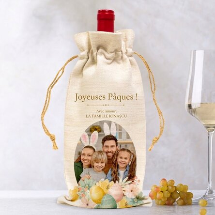 Sachet personnalisé avec une photo et un message pour une bouteille de vin - Lapin de Pâques