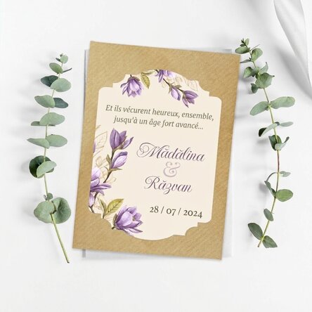 Boîte à dragées personnalisée avec message pour un mariage - Fleurs violettes