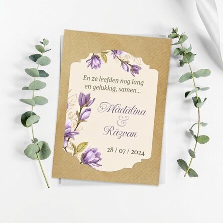 Gepersonaliseerd plantbaar aandenken met boodschap voor de bruiloft - Paarse bloemen