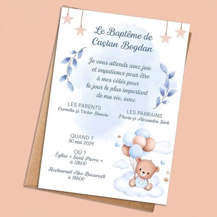 Carte personnalisée avec texte - invitation à un baptême - Petit ours
