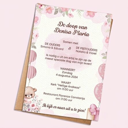 Gepersonaliseerde kaart met tekst - uitnodiging voor een doop - Roze