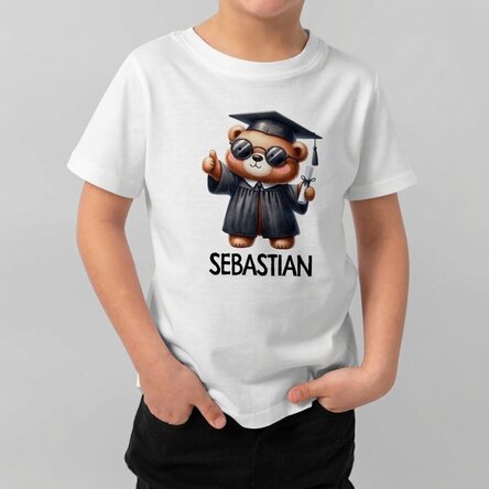 Katoenen T-shirt voor kinderen, gepersonaliseerd met naam - Afgestudeerd beertje