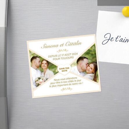 Aimant personnalisé de 12 x 10 cm avec 2 photos et un texte - « Save the date »