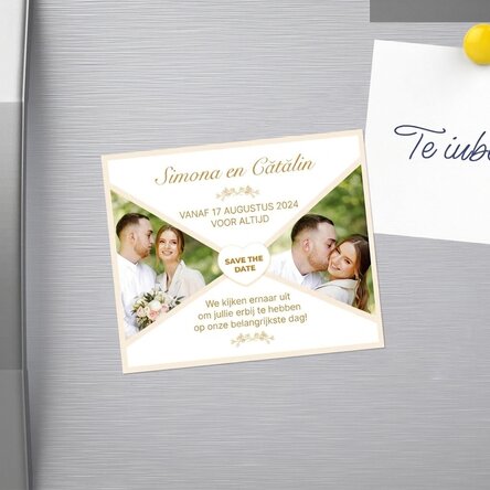 Gepersonaliseerde magneet van 12 x 10 cm met 2 foto's en tekst - Save the date
