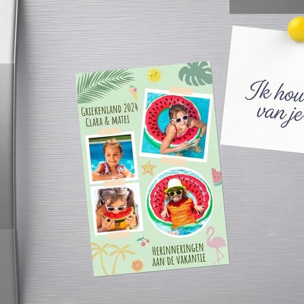 Gepersonaliseerde magneet van 10 x 15 cm met 4 foto’s en tekst - Vakantie