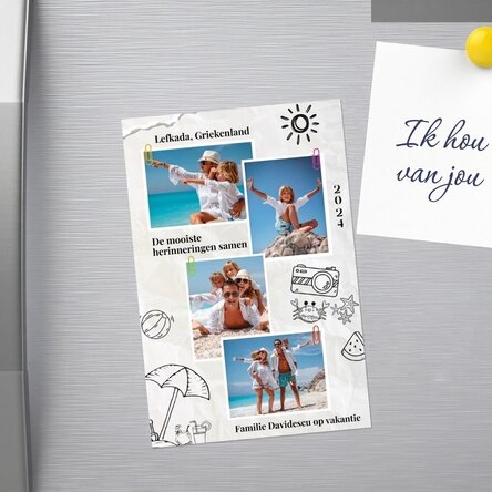 Gepersonaliseerde magneet van 10 x 15 cm met 4 foto’s en tekst - Holiday