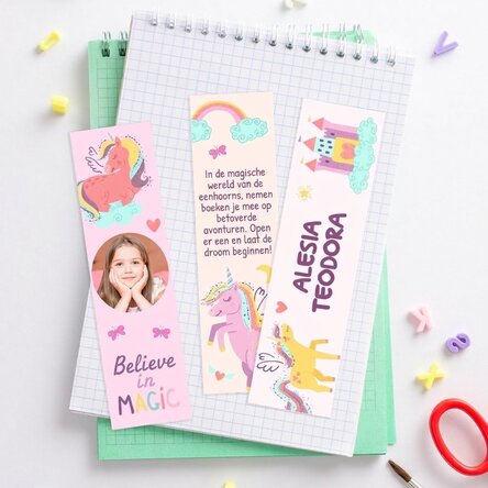 Set van 3 gepersonaliseerde boekenleggers met foto, naam en tekst - Eenhoorns