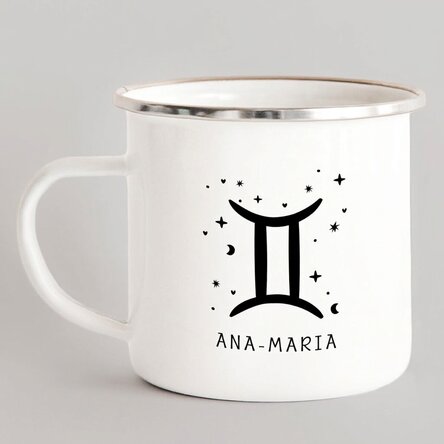 Tasse métallique émaillée personnalisée avec un message - Signe du zodiaque : Gémeaux