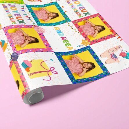 Papier d'emballage cadeau personnalisé avec texte et photo - Joyeux anniversaire - Rose