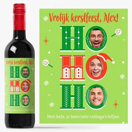 Wijn met een persoonlijke boodschap en 3 kerstfoto's - HO HO HO