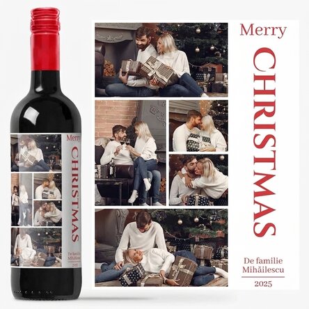 Wijn met een persoonlijk bericht en 5 kerstfoto's - Merry Christmas!