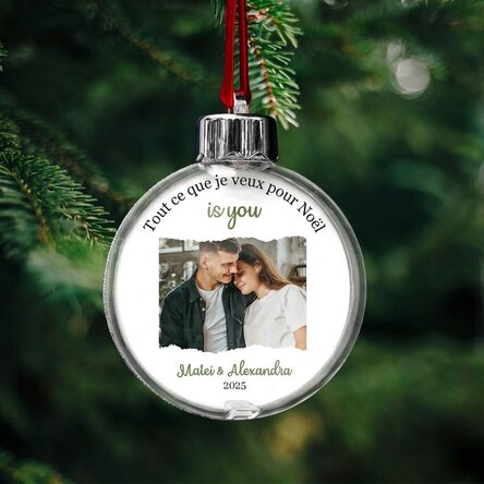 Boule de Noël personnalisée avec un message et une photo - « All I want for Christmas »