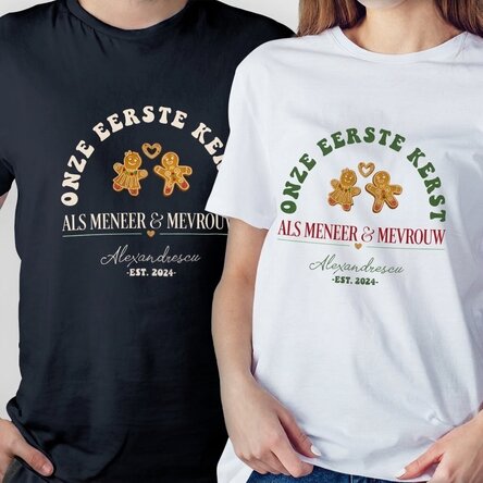 Gepersonaliseerd katoenen T-shirt met kersttekst - Meneer & mevrouw
