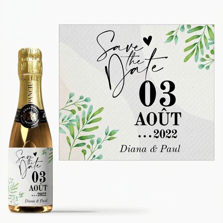 Mini-bouteille de vin mousseux personnalisée avec le texte « Save the date »