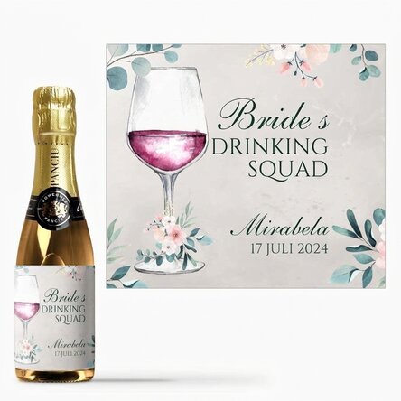 Mini-flesje mousserende wijn, gepersonaliseerd met tekst voor het vrijgezellenfeest