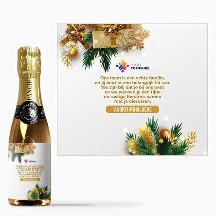 Mini-flesje mousserende wijn, gepersonaliseerd met een boodschap en logo - Een feestelijk verhaal