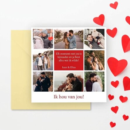 Gepersonaliseerde vierkante kaart met 8 foto's en een boodschap - Love