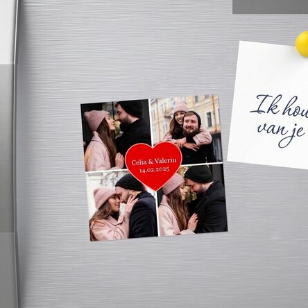 Gepersonaliseerde magneet van 10x10 met 4 foto’s en tekst - Hart