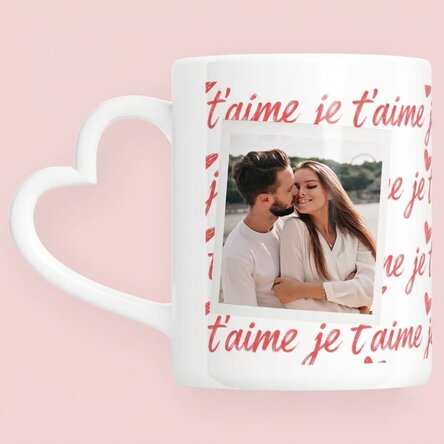 Tasse personnalisée avec photo et texte - Je t'aime ! - modèle avec anse en forme de cœur