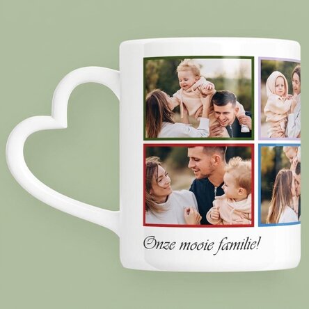 Gepersonaliseerde mok met 8 foto’s en tekst – model met hartvormig handvat
