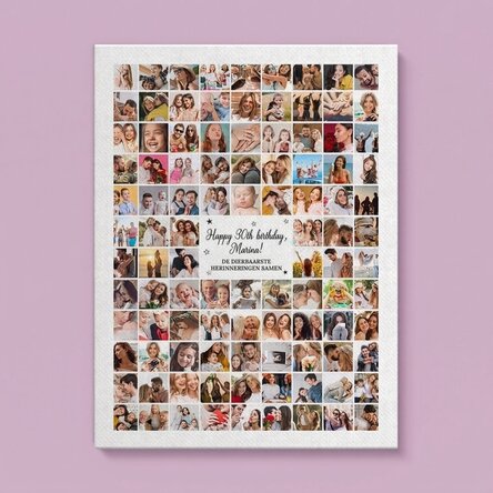 Gepersonaliseerd canvasdoek met 102 foto’s en een boodschap