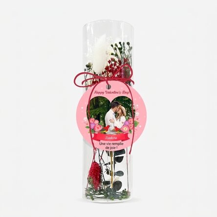 Ornement en verre avec des fleurs stabilisées, personnalisé avec un texte et une photo - Love