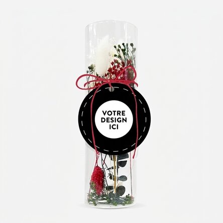 Objet décoratif en verre avec des fleurs stabilisées, personnalisé avec votre motif