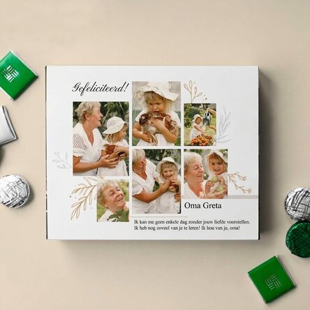 Gepersonaliseerde bonbondoos met 6 foto’s en een boodschap