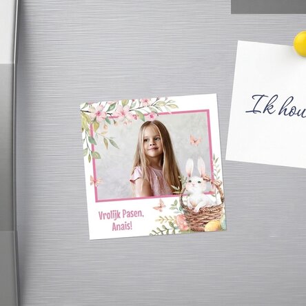Gepersonaliseerde magneet van 10x10 met een foto en een boodschap - Fijne Pasen!