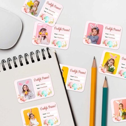Set van 8 stickers (zelfklevende etiketten) met foto's en tekst naar keuze - Fijne Pasen!