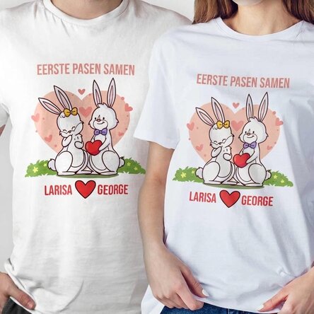 Gepersonaliseerd katoenen T-shirt met tekst - First Easter Together