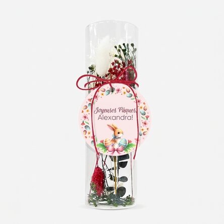 Décoration en verre avec des fleurs stabilisées, personnalisée avec un texte - Lapin de Pâques