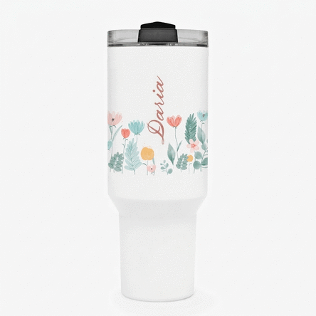 Tasse isotherme avec poignée et paille, personnalisée avec un prénom - Flowers