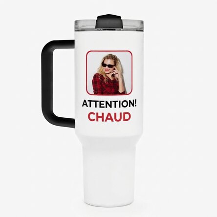 Tasse isotherme avec poignée et paille, personnalisée avec une photo et un texte - Fierbinte