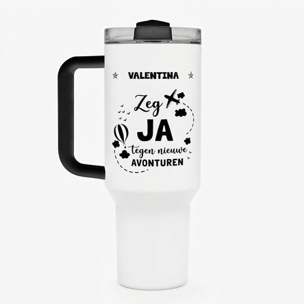 Thermosfles met handvat en rietje, gepersonaliseerd met naam - New Adventures